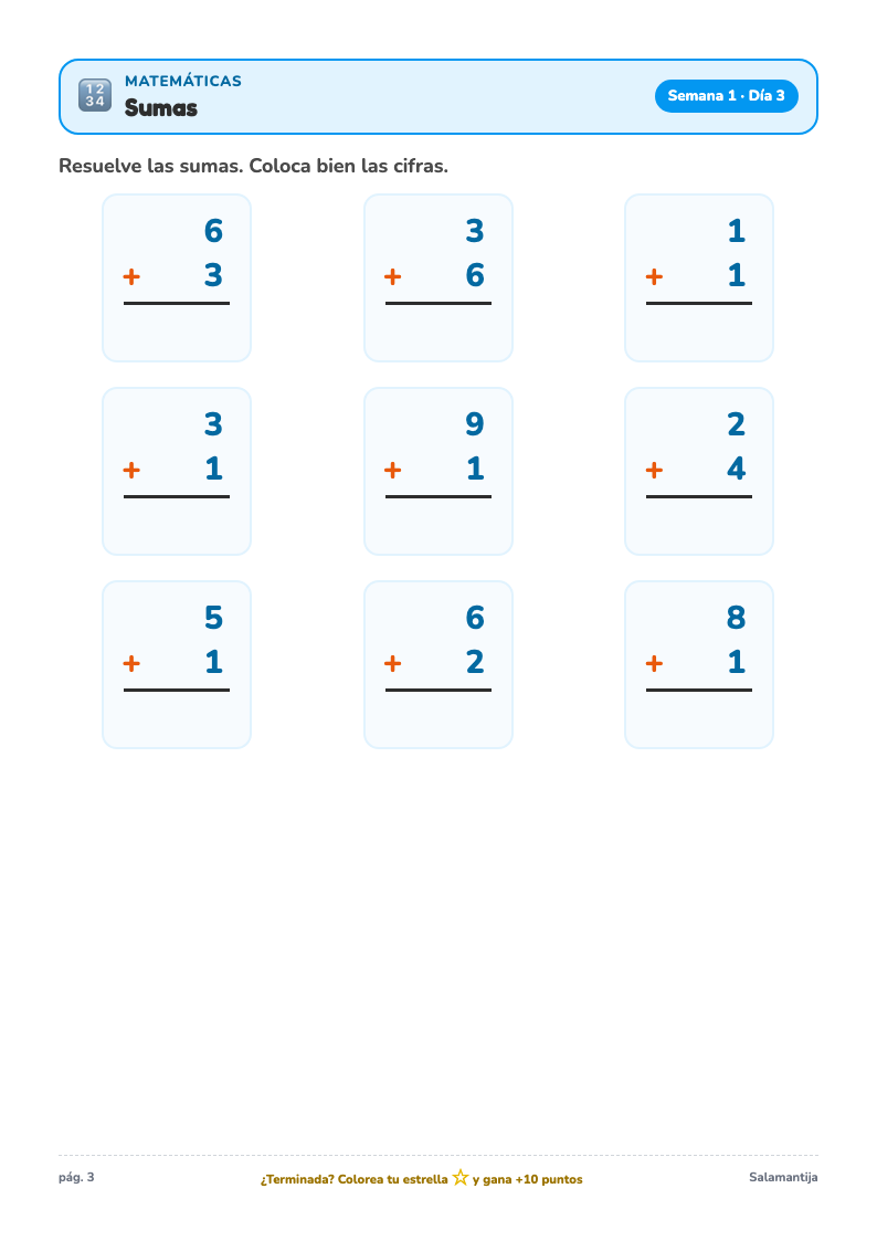 Página de matemáticas del Cuaderno de Verano de 1º de Primaria