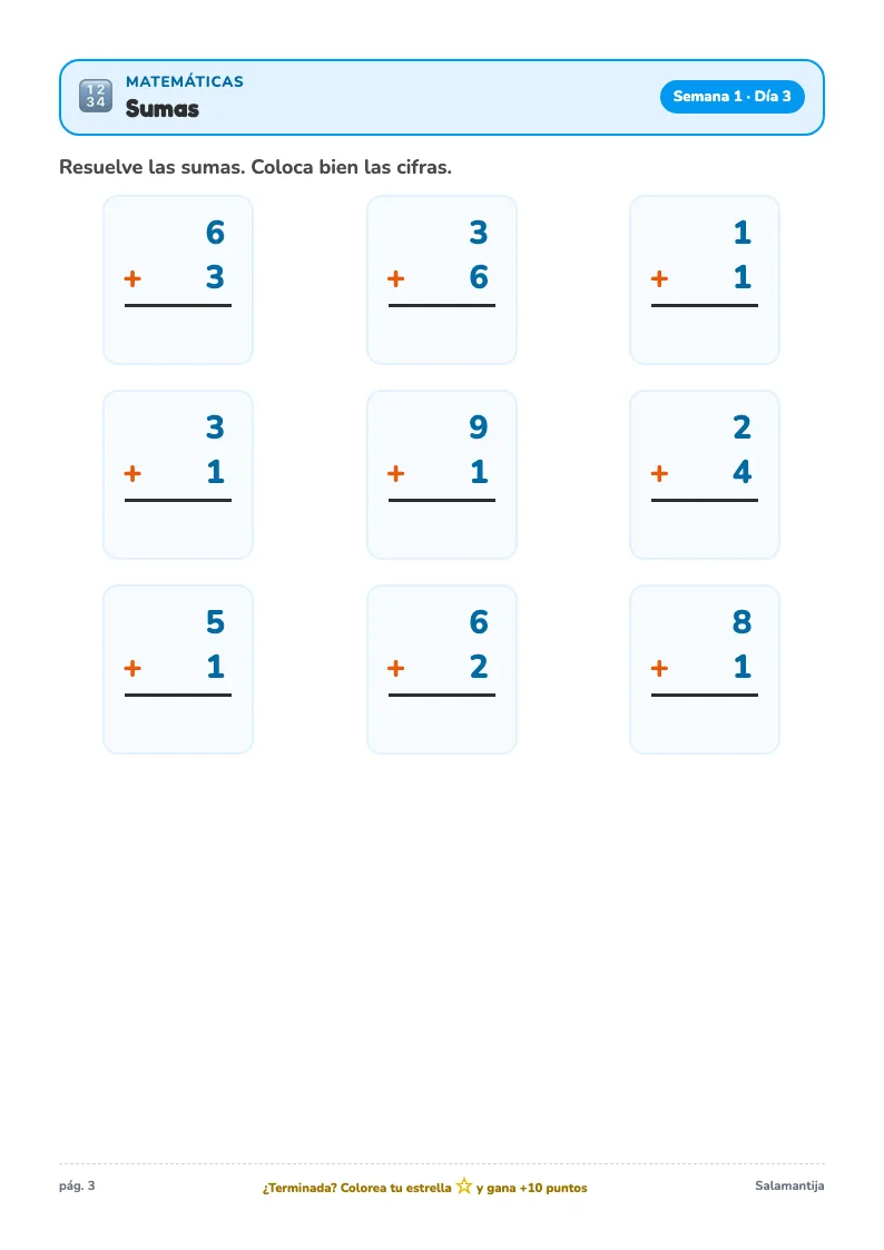 Página de matemáticas del Cuaderno de Verano de 1º de Primaria: sumas y restas