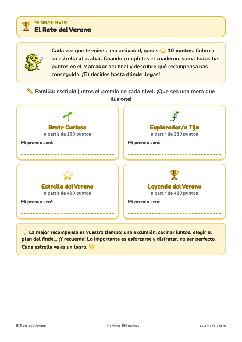 Página El Reto del Verano: niveles de recompensa con espacio para que la familia escriba el premio
