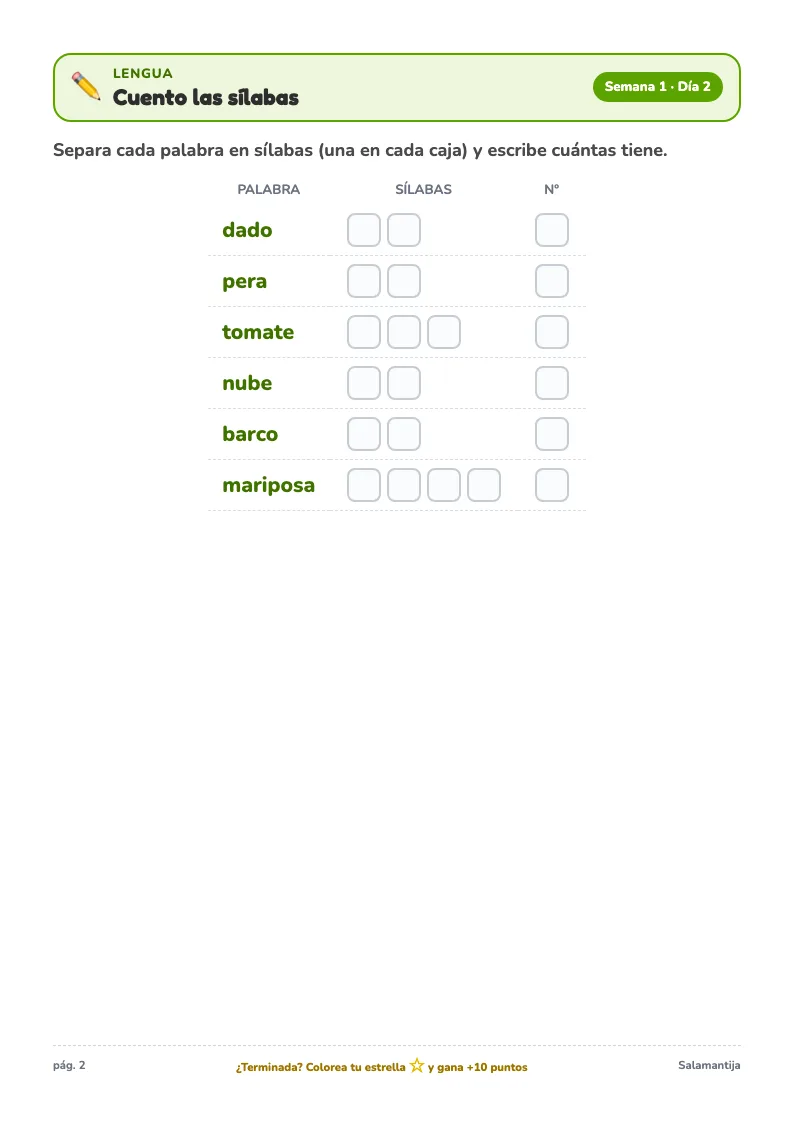 Página de ejemplo de lengua del Cuaderno de Verano de 2º de Primaria, con un ejercicio para completar