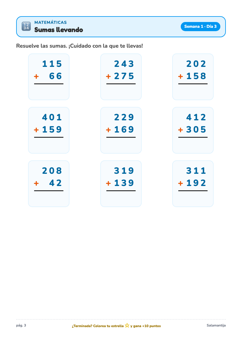 Página de matemáticas del Cuaderno de Verano de 2º de Primaria: sumas llevando
