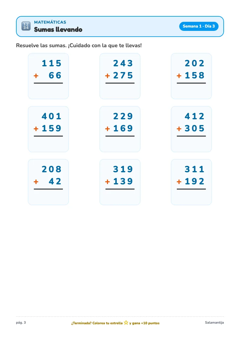Página de matemáticas del Cuaderno de Verano de 2º de Primaria: sumas llevando