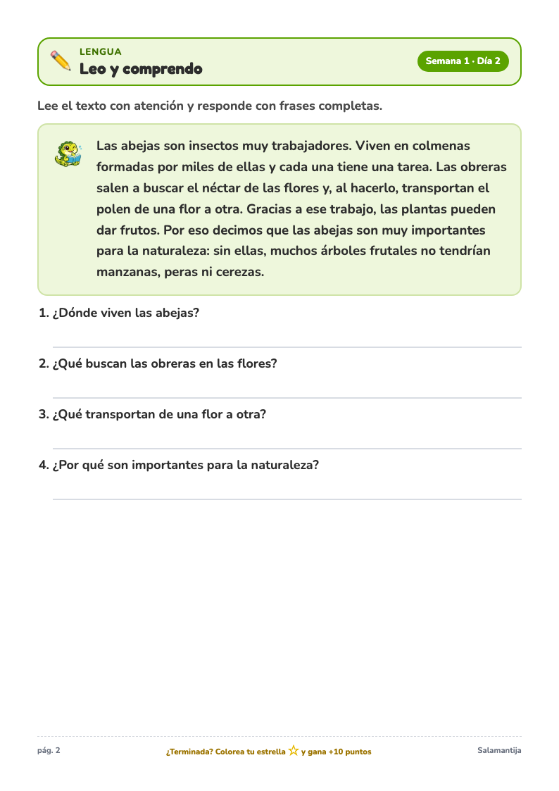 Página de lengua del Cuaderno de Verano de 3º de Primaria: comprensión lectora