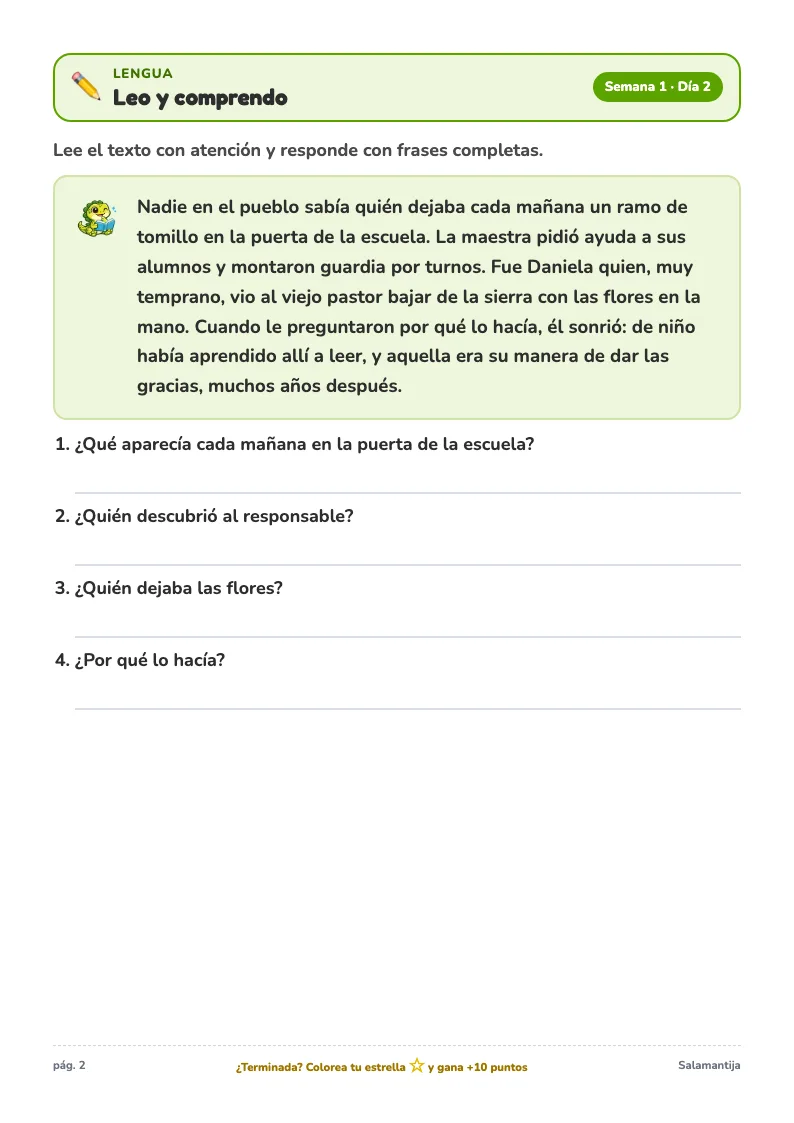 Página de lengua del Cuaderno de Verano de 3º de Primaria: comprensión lectora