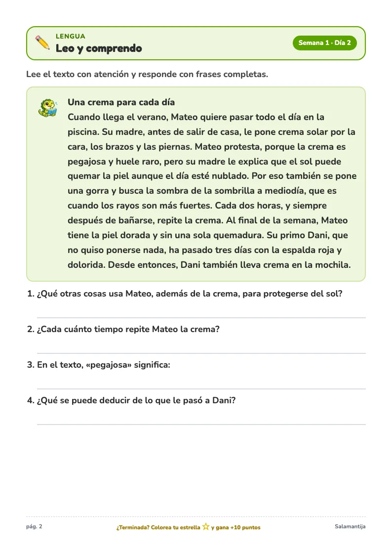 Página de ejemplo de lengua del Cuaderno de Verano de 4º de Primaria, con un ejercicio para completar