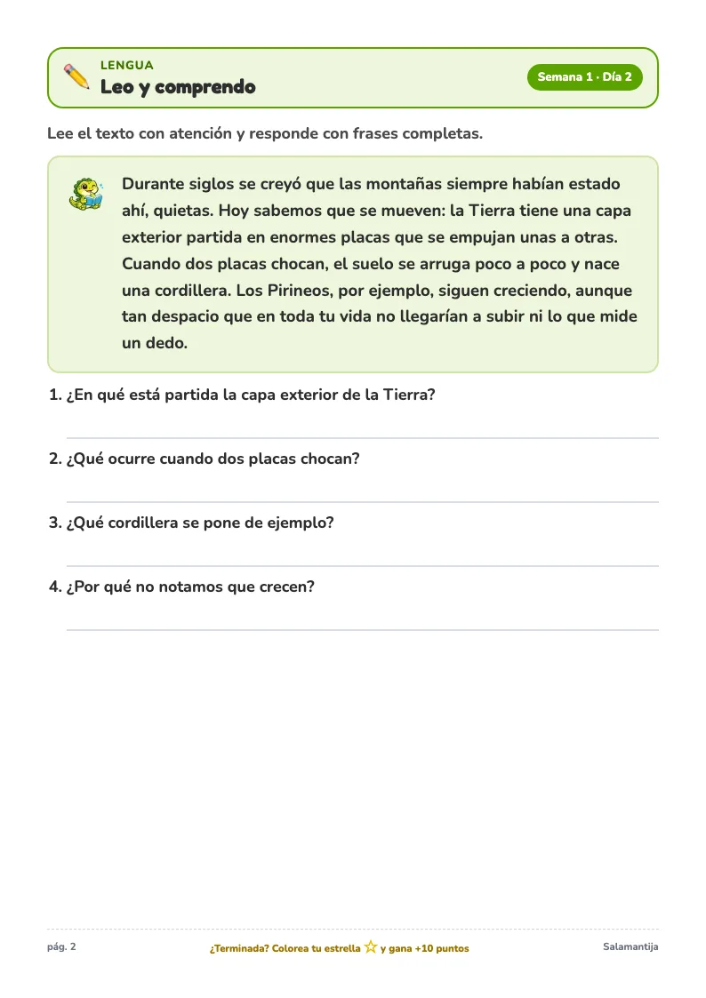 Página de ejemplo de lengua del Cuaderno de Verano de 5º de Primaria, con un ejercicio para completar