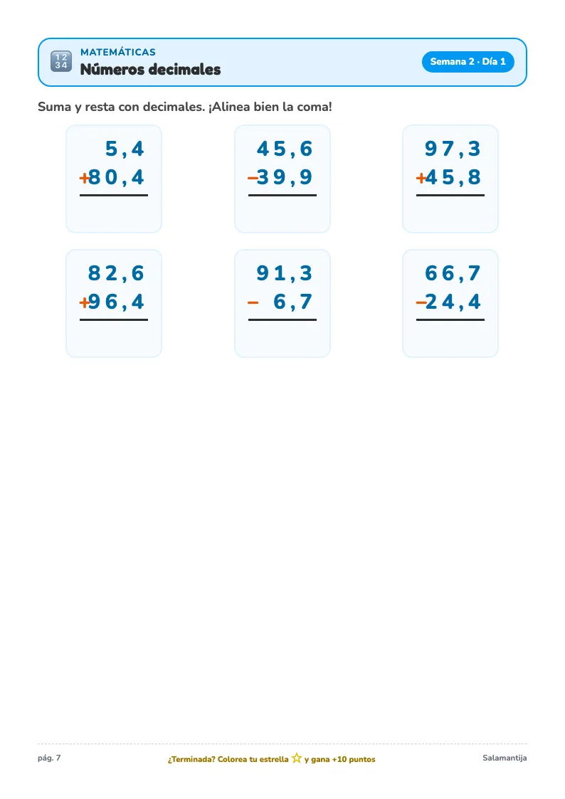 Página de ejemplo de matemáticas del Cuaderno de Verano de 5º de Primaria, con un ejercicio para completar