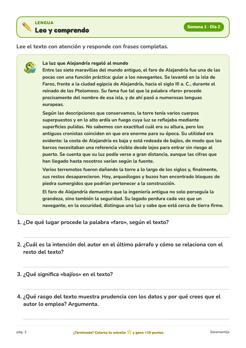 Página de ejemplo de lengua del Cuaderno de Verano de 1º de ESO, con un ejercicio para completar