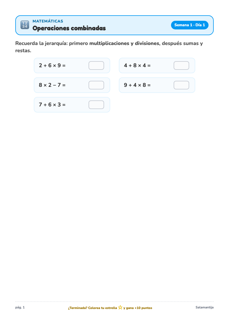Página de matemáticas del Cuaderno de Verano de 1º de ESO