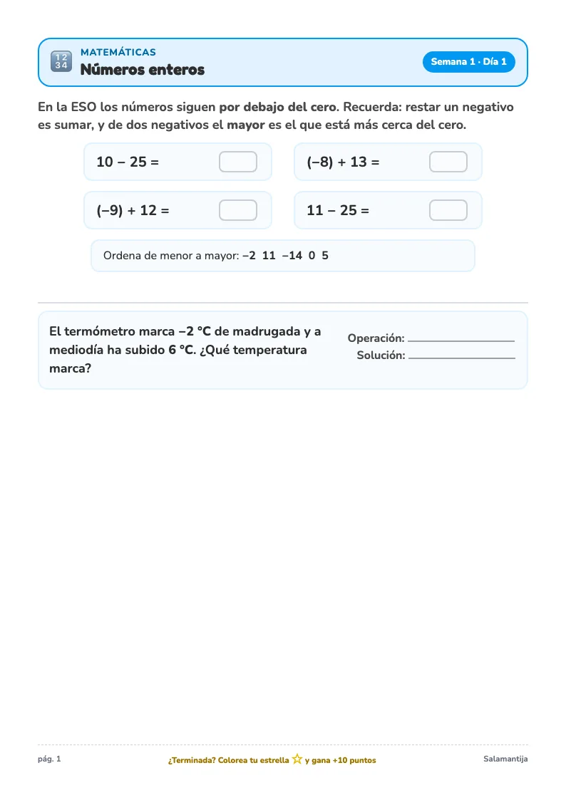 Página de ejemplo de matemáticas del Cuaderno de Verano de 1º de ESO, con un ejercicio para completar