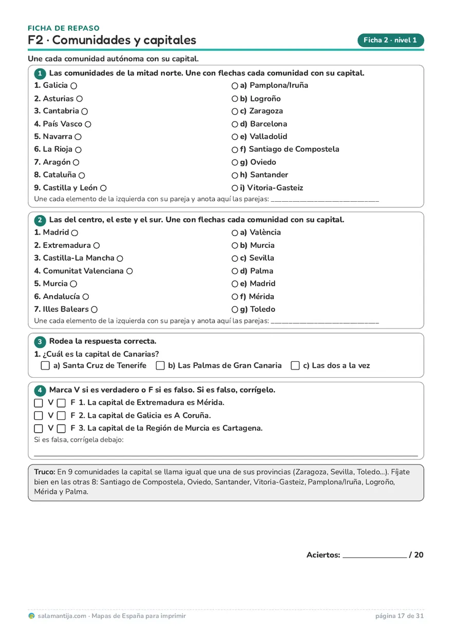 Página del PDF: ficha de repaso F2, comunidades y capitales, con ejercicios de unir, elegir y verdadero o falso