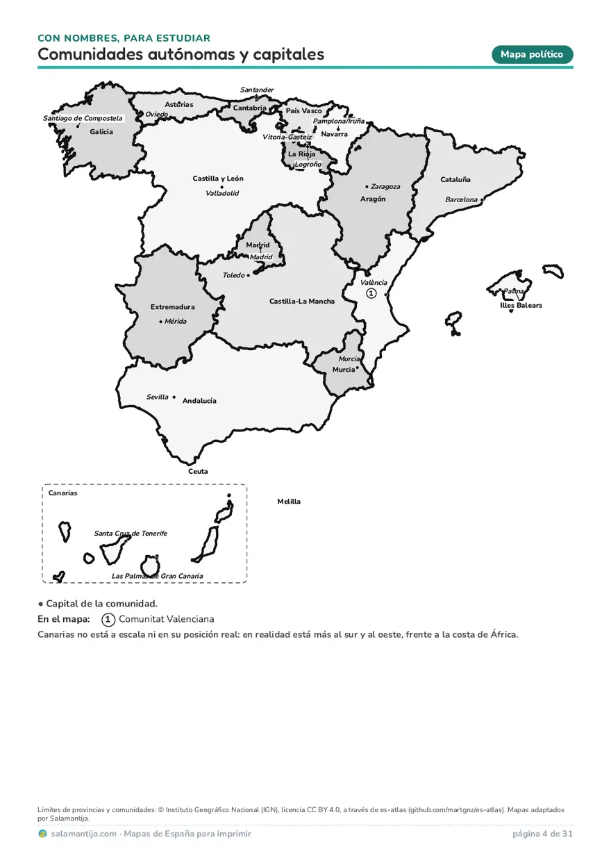 Página del PDF: mapa político de las comunidades autónomas de España con sus capitales, en blanco y negro, con Canarias en un recuadro