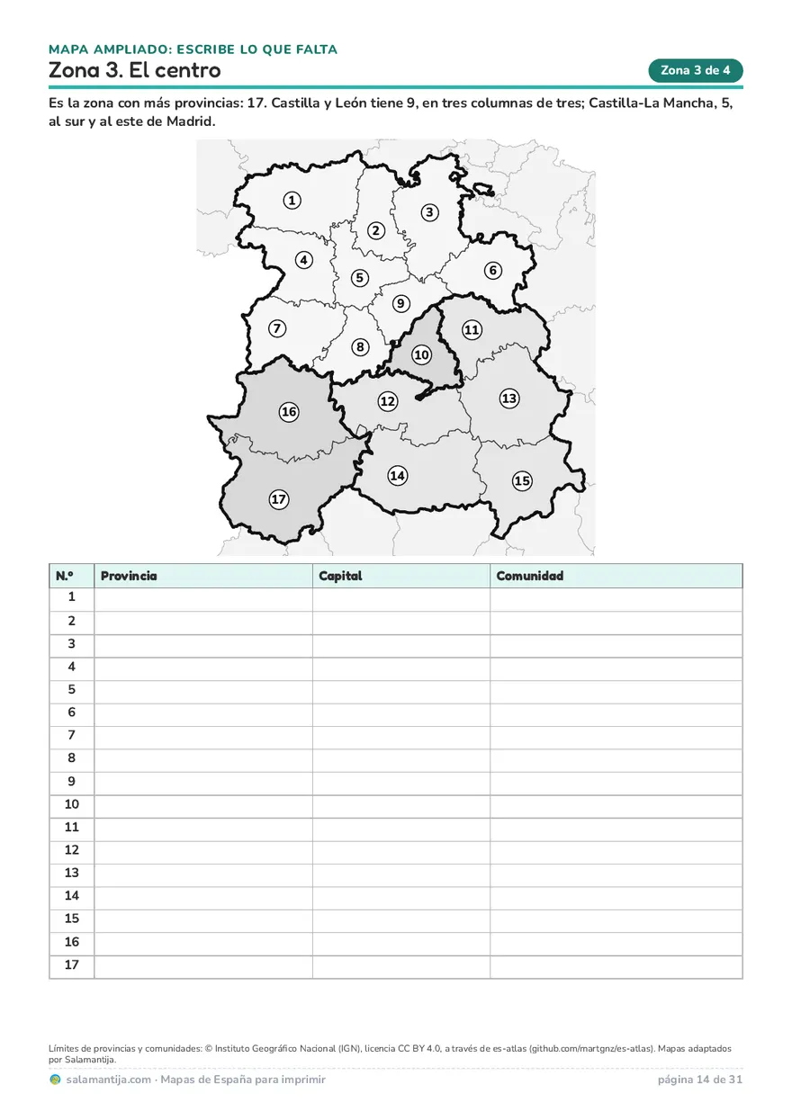 Página del PDF: zona 3, el centro, con el mapa ampliado de sus 17 provincias numeradas y una tabla para completar
