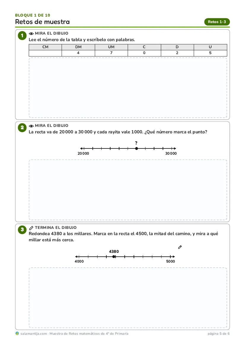 Página de retos del bloque 1 de 4º de Primaria, con dibujos y espacio para operar
